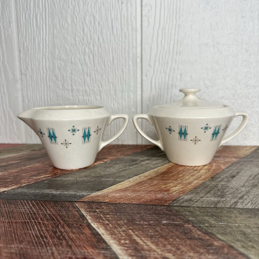 Vintage Salem North Blue Star Burst Sugar And Creamer Set Mid Century RARE